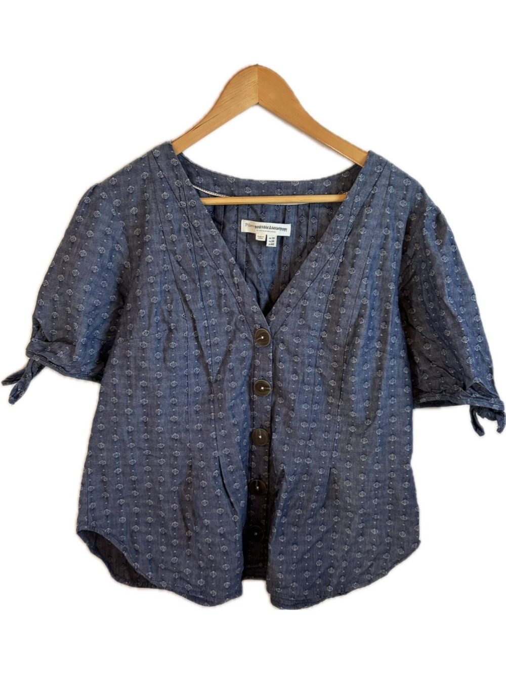 Anthropologie Indigo Textured V-Neck Button Blouse